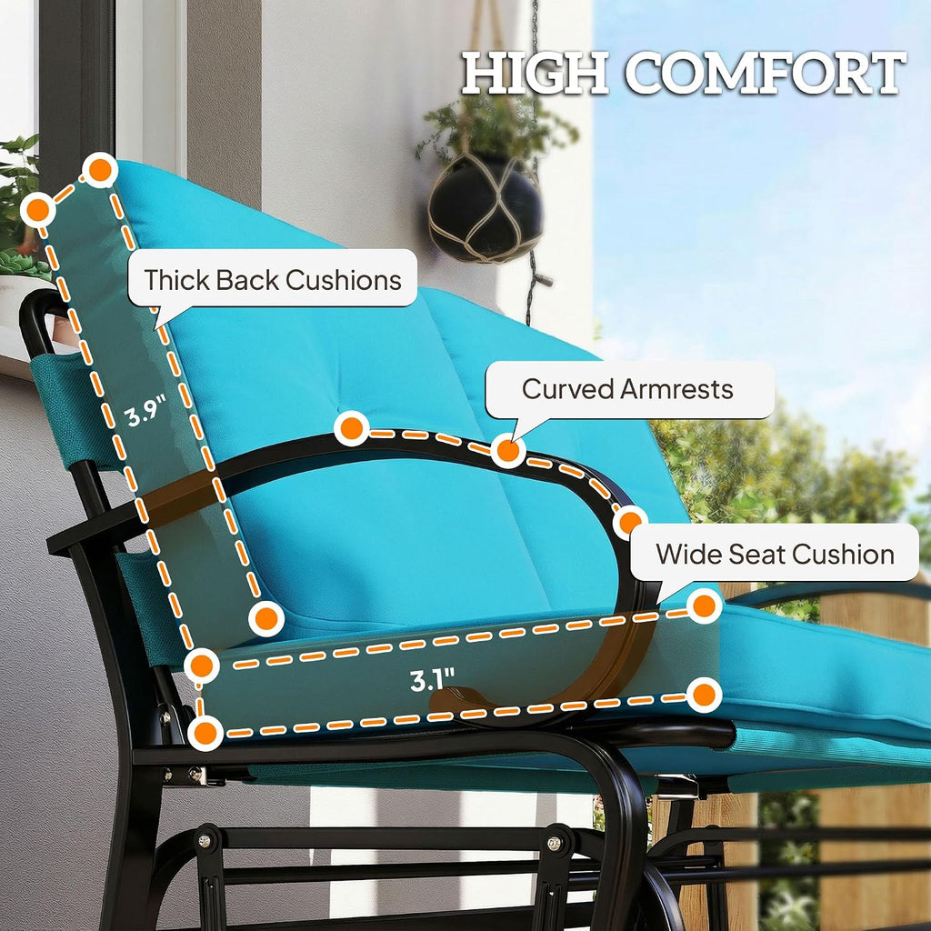 Outdoor Glider Bench 2-Person Patio Rocker Tufted Cushions Blue | Loveseat, Steel Frame, Porch, Garden Backyard
