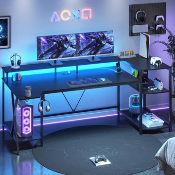 Gaming Desk 70.8'' with LED Lights, Storage Shelves,Power Outlets | Computer Desk with Monitor Stand and Cup Holder