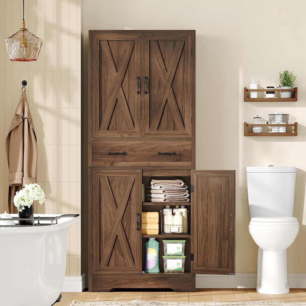 Tall Storage Cabinet with 2 Adjustable Shelves & 1 Large Drawer, Kitchen Pantry Cabinet with 4 Doors, Bathroom