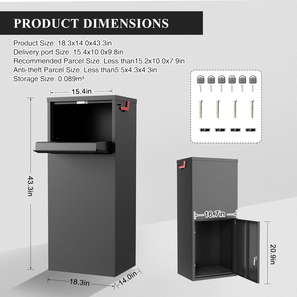 Large Anti-Theft Package Delivery Box 43.3” * 18.3” * 14.0” Lockable Parcel Drop Box No Assembly Required Weatherproof