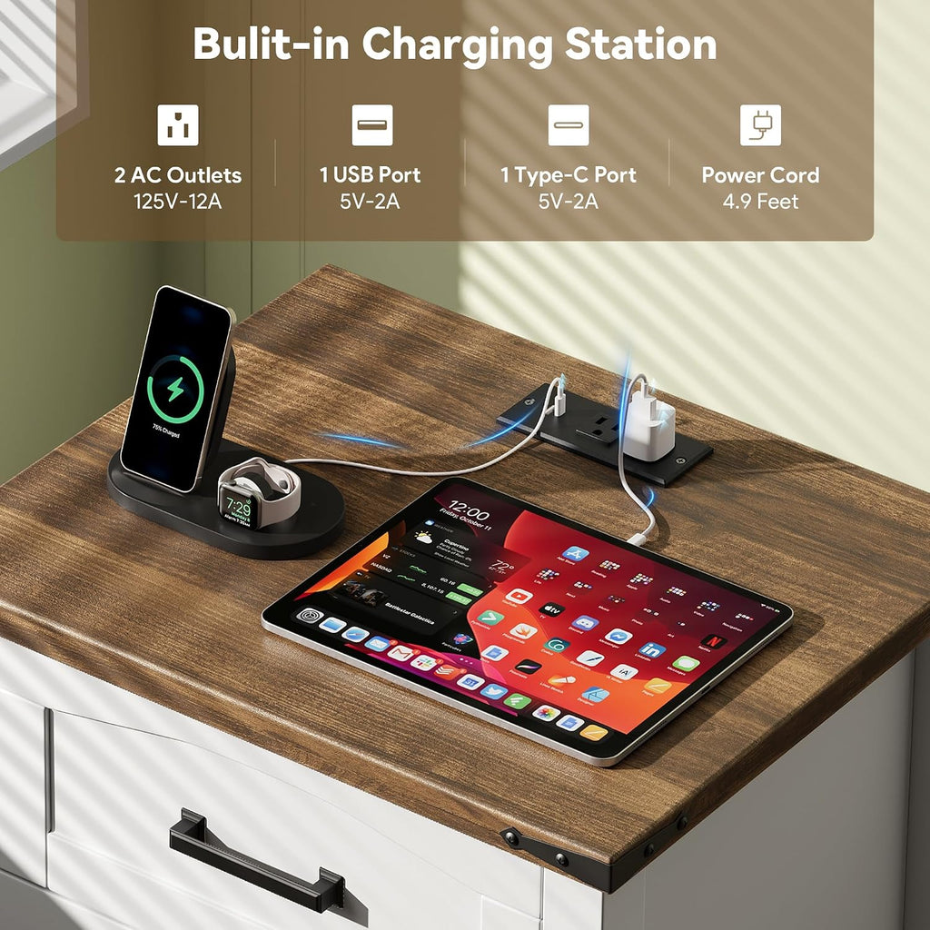 Farmhouse Nightstand Set of 2 with Charging Station, 18'' Wide Rustic End Table with USB/Type-C Ports, 3 Drawers