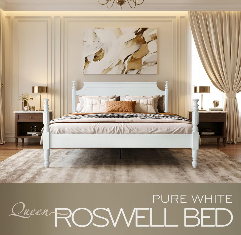 Solid Wood Queen Size Platform Frame, Headboard & Footboard, No Box Spring Needed, 12 Wooden Slats, Center Metal