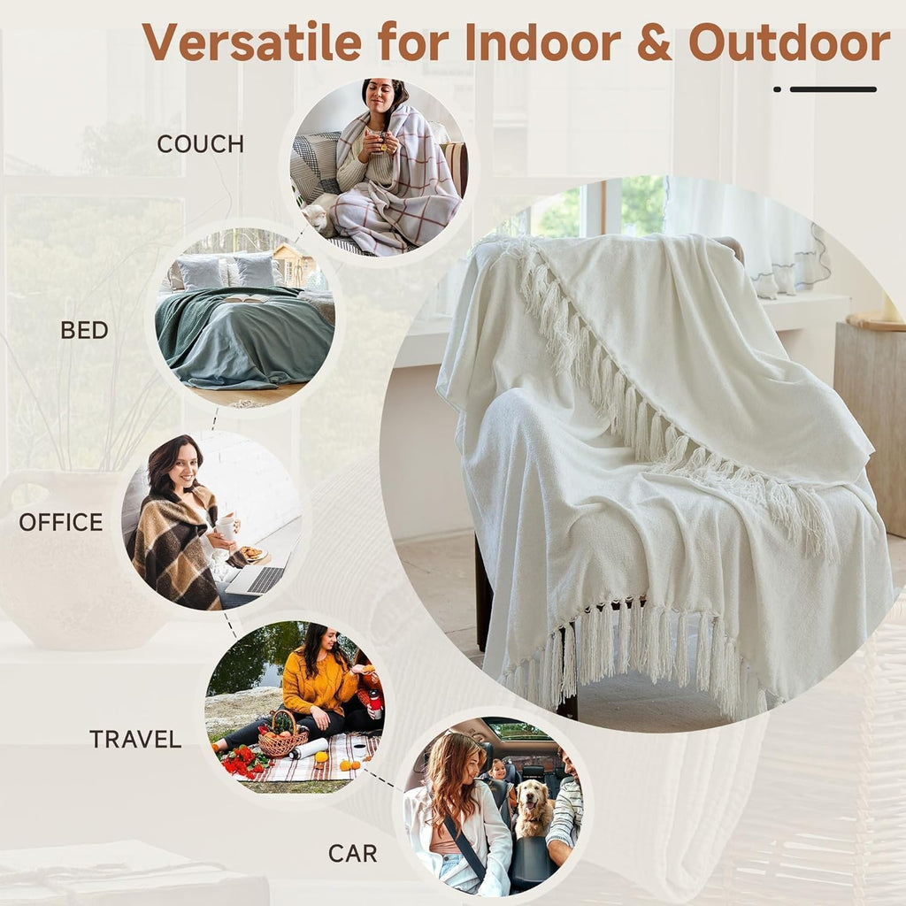 Soft Chenille Throw Blanket 50'' x 60'' - Cozy Fluffy Blanket with Fringe Tassel, Farmhouse Boho Blankets, Cream