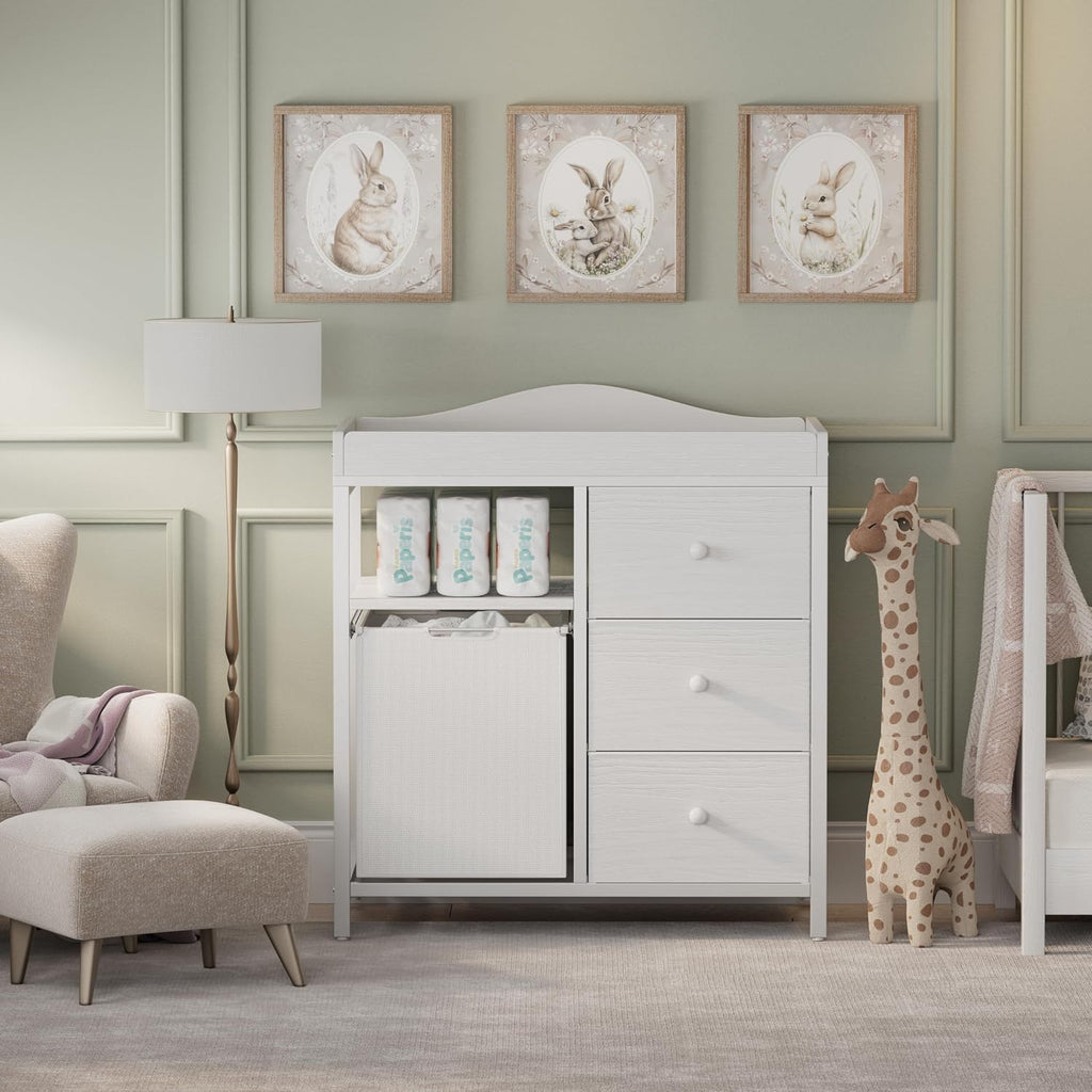White Changing Table with 3 Fabric Drawers and Laundry Hamper, Baby Dresser with Changing Table Top, Nursery Diaper