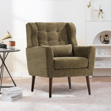 Modern Accent Chair Chenille Armchair with Pillow, Upholstered Arm Chairs with Solid Wood Legs, Soft Padded Lounge