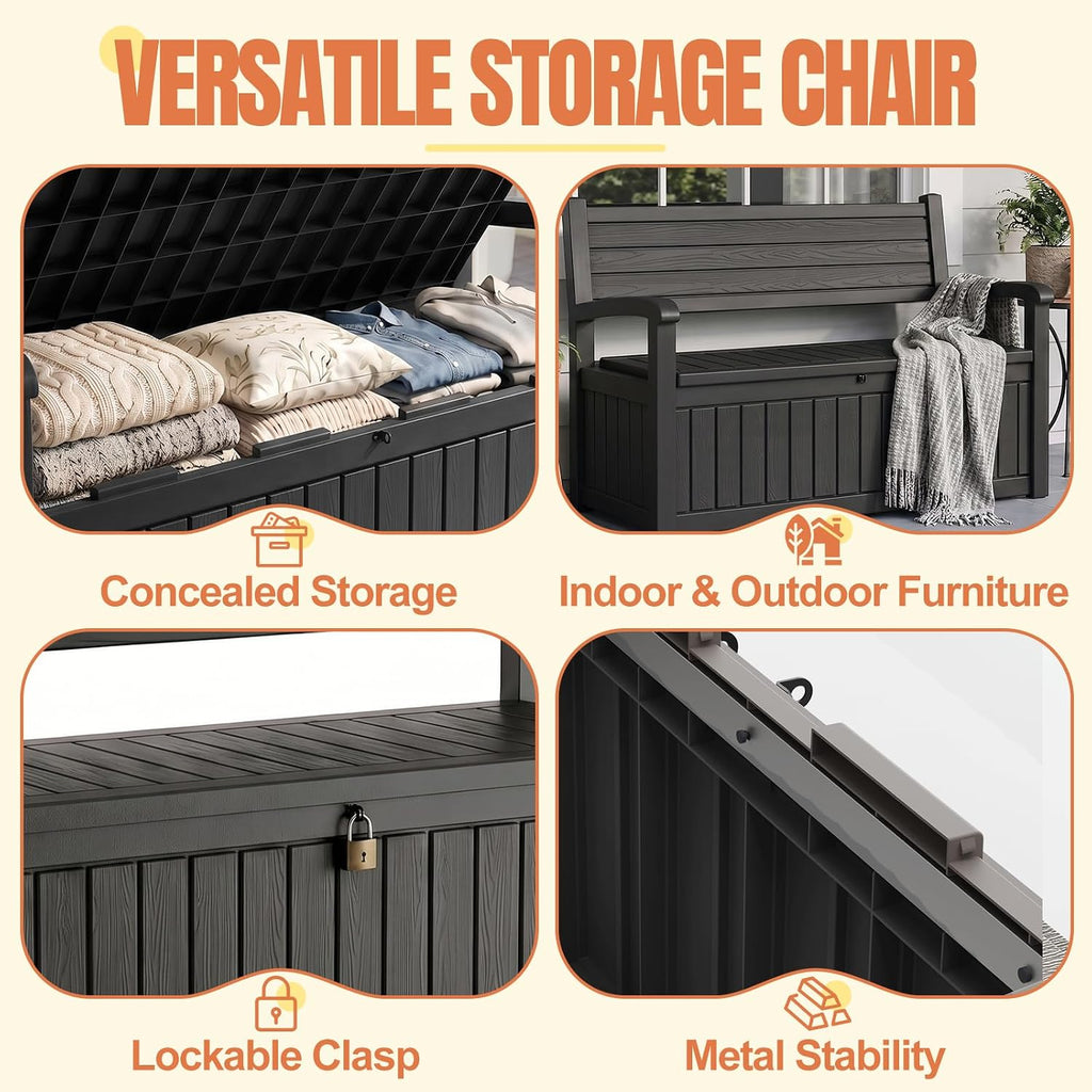 Storage Bench Outdoor Deck Box,100 Gallon Waterproof & UV Resistant Lockable Patio Furniture Seating.Indoor/Outdoor