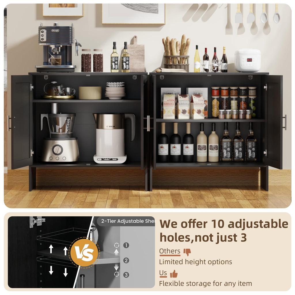 Buffet Storage Cabinet, Farmhouse Sideboard with Black Rattan Doors & Adjustable Shelf, 31.5" Narrow Coffee Bar