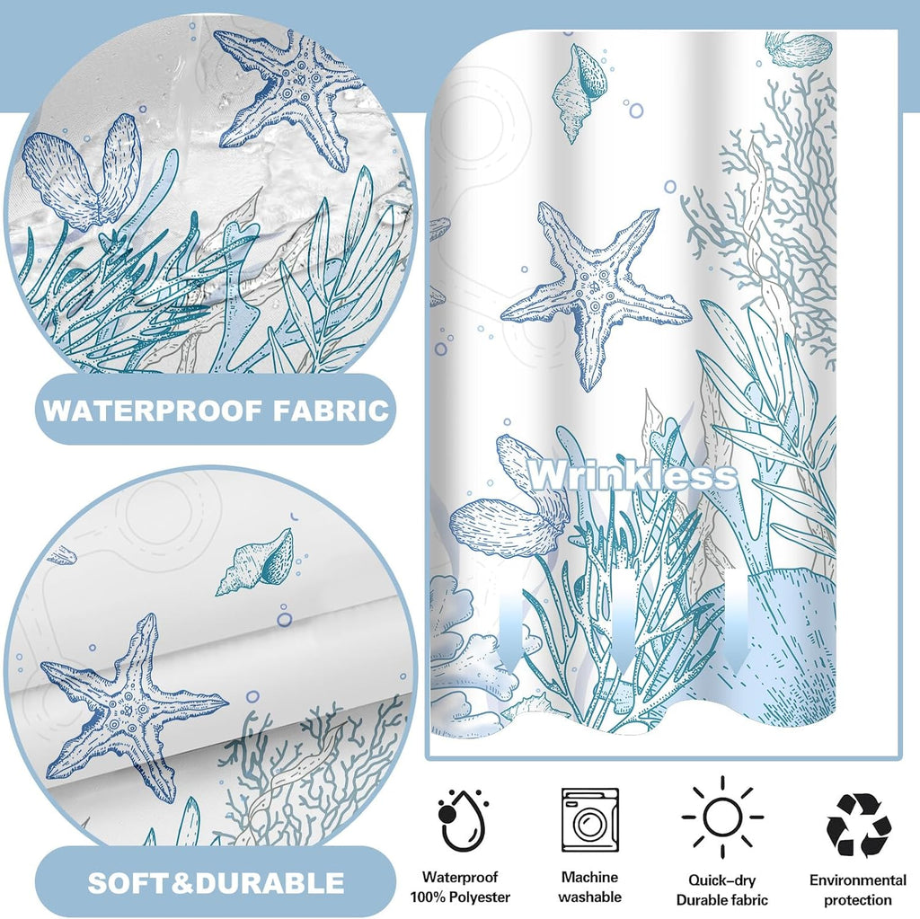 No Hook Shower Curtain and Liner Set , Blue Beach Coastal 71x74 | Nautical Ocean Design, with Snap in Liner