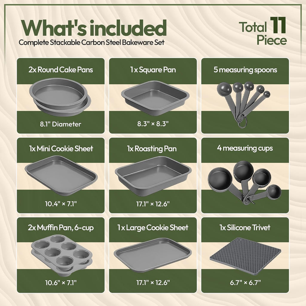 Non-Toxic 11-Piece All-in-One Nesting Bakeware Set - Space-Saving Stackable Nonstick Carbon Steel Pans Set
