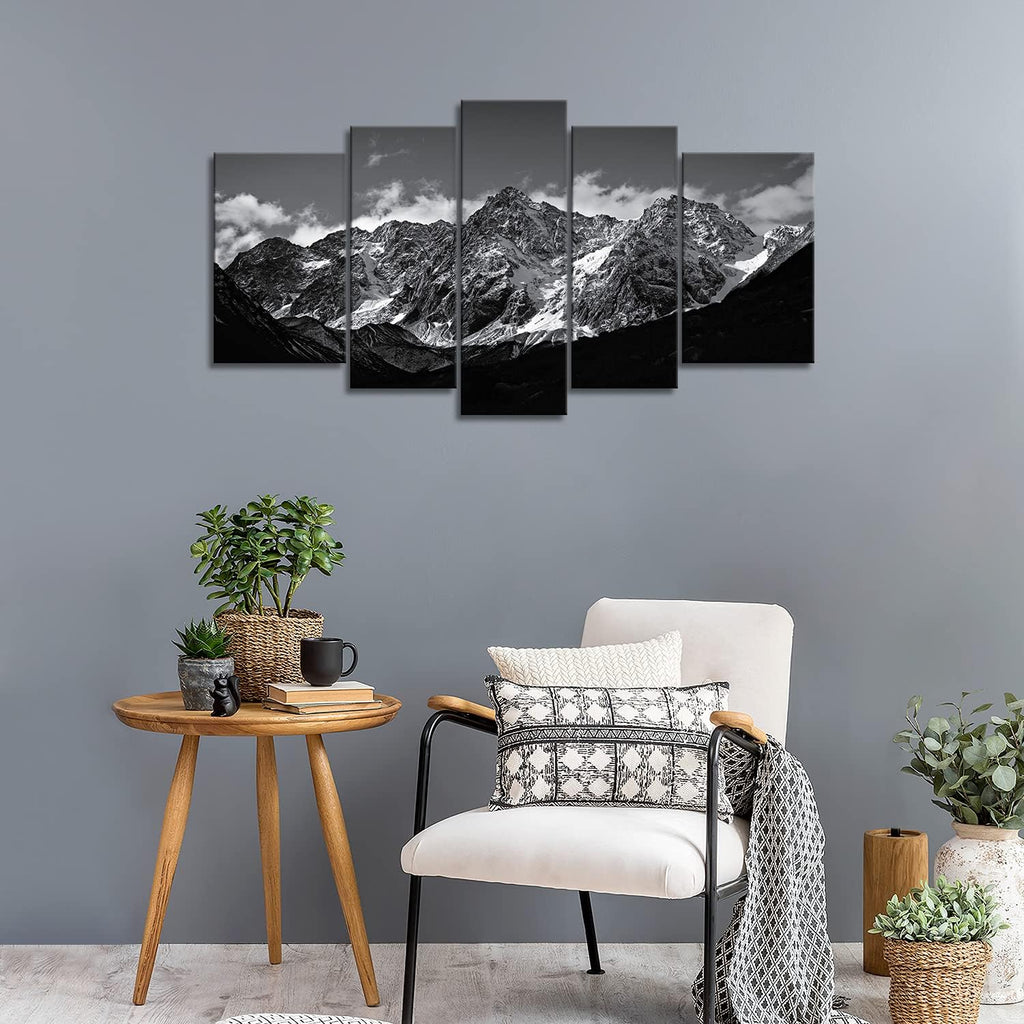 Canvas Wall Art Mountain Black and White Snow Mountain Landscape Picture 5 Pieces Prints On Canvas Modern Giclee