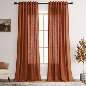 2 Panels Terracotta Linen Curtains 105 inches Long Extra Long Back Tab Semi Sheer Rustic Farmhouse Boho Curtains