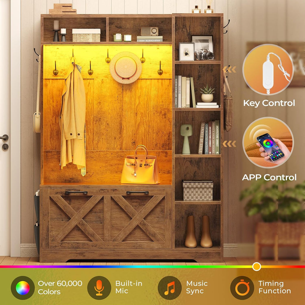 Hall Tree with Bench and Shoe Storage, Farmhouse Entryway Bench with Coat Rack, Shoe Cabinet with Flip Drawers, 7