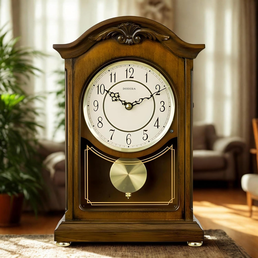 Wooden Mantel Clock TCW004DB Pendulum Carved Case Hourly Chime Classic Melody Antique Style for Fireplace