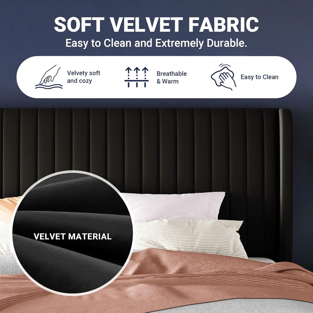 King Velvet Bed Frame/Vertical Channel Tufted Wingback Headboard/Upholstered Platform Bed/Strong Wooden Slats/No Box
