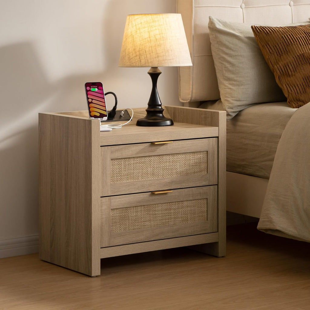 Rattan Nightstands Set of 2 Bedside Table - Bed Night Stand with Type-C Charging Station, 2 Drawers Storage - Boho