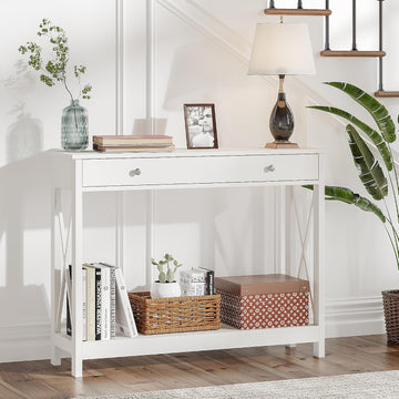White Console Table with Drawer and Storage Shelves, Foyer Sofa Table Narrow