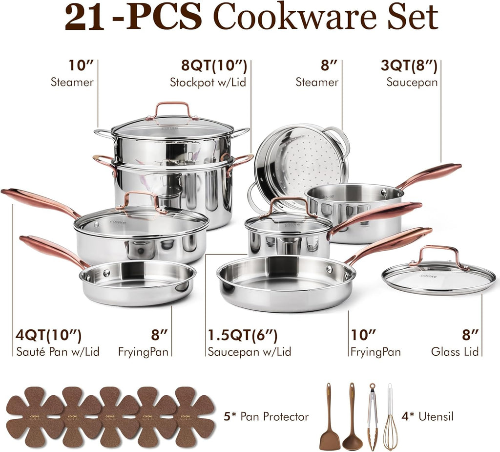 21pcs Tri-Ply Stainless Steel Cookware Set, Pots and Pans Set, Non Toxic Induction Kitchen Cooking Sets, Gold