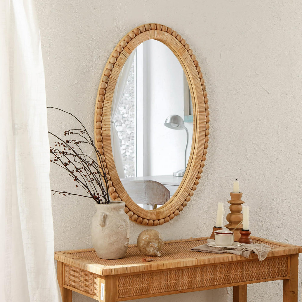 Rattan Wall Mirror - Boho Handmade Wicker Mirror Rustic Farmhouse Mirrors Entryway Wall Decor, 20" x 30", Oval