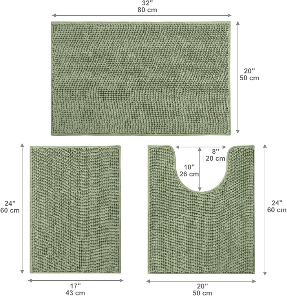 Bathroom Rugs Sets 3 Piece, Non-Slip Chenille Bath Rug - Ultra Soft, Washable, Super Absorbent Bath Mat , Toilet and