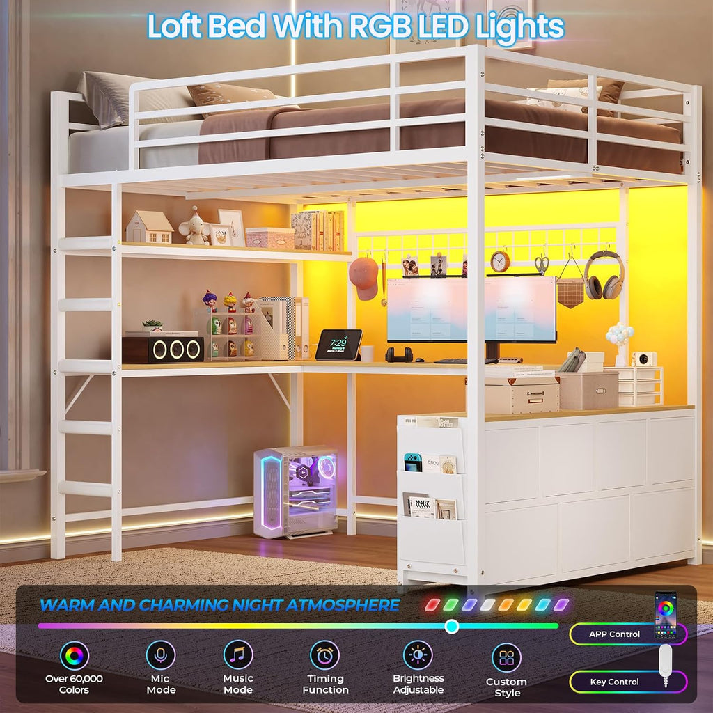 Loft Bed Full with U-Shaped Desk,7 Storage Drawers and Charging Station,Metal Full Loft Bed with Led Lights and 2-tier