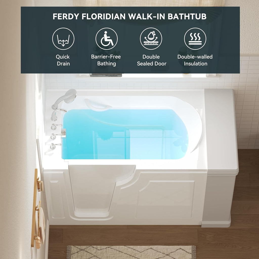 Floridian 55" x 33" Walk-in Bathtub with Left-Side Door Opening and Quick Fill and Drain System, Rectangular Soaking