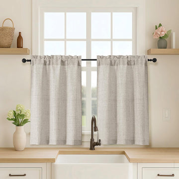 2 Panels Kitchen Curtains, Faux Linen Textured Small Cafe Window Curtain Over Sink, Light Filtering