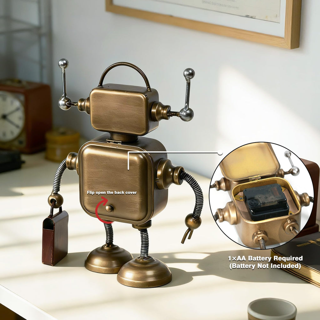 Industrial Steampunk Robot Table Clock, Battery Operated Handcrafted Metal Desk&Shelf Clock, Retro Mechanical
