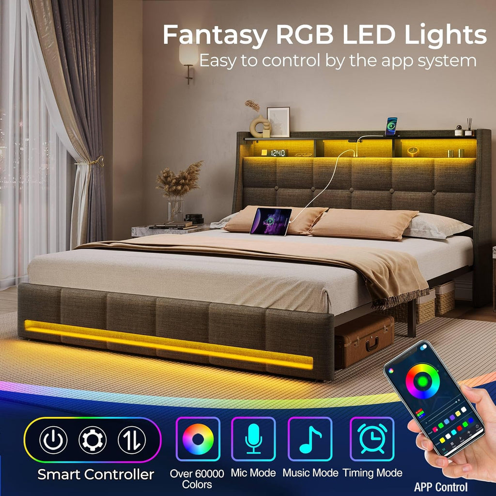 Full Bed Frame with LED Lights and Charging Station, Upholstered Headboard with 2-Tier Storage Shelves