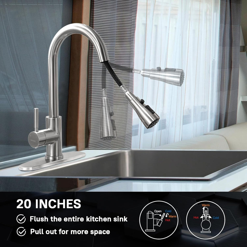 Single Handle High Arc Brushed Nickel Pull Out Kitchen Faucet,Single Level Stainless Steel Kitchen Sink Faucets with Pull Down Sprayer,Suitable for Laundry Rv Bar