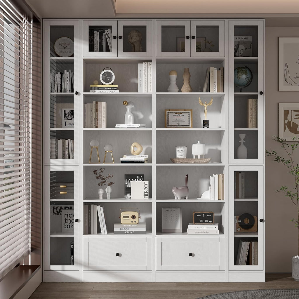 85.5 Inch Tall Bookshelf with Doors - 7 Tier Bookcase with Glass Doors and Drawer