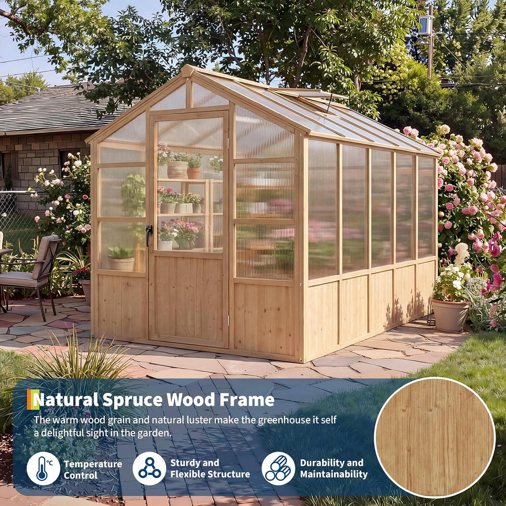 Heavy Duty Walk-in Wooden Greenhouse Kit, 4mm Polycarbonate Panels Green House with Adjustable Vents and Lockable