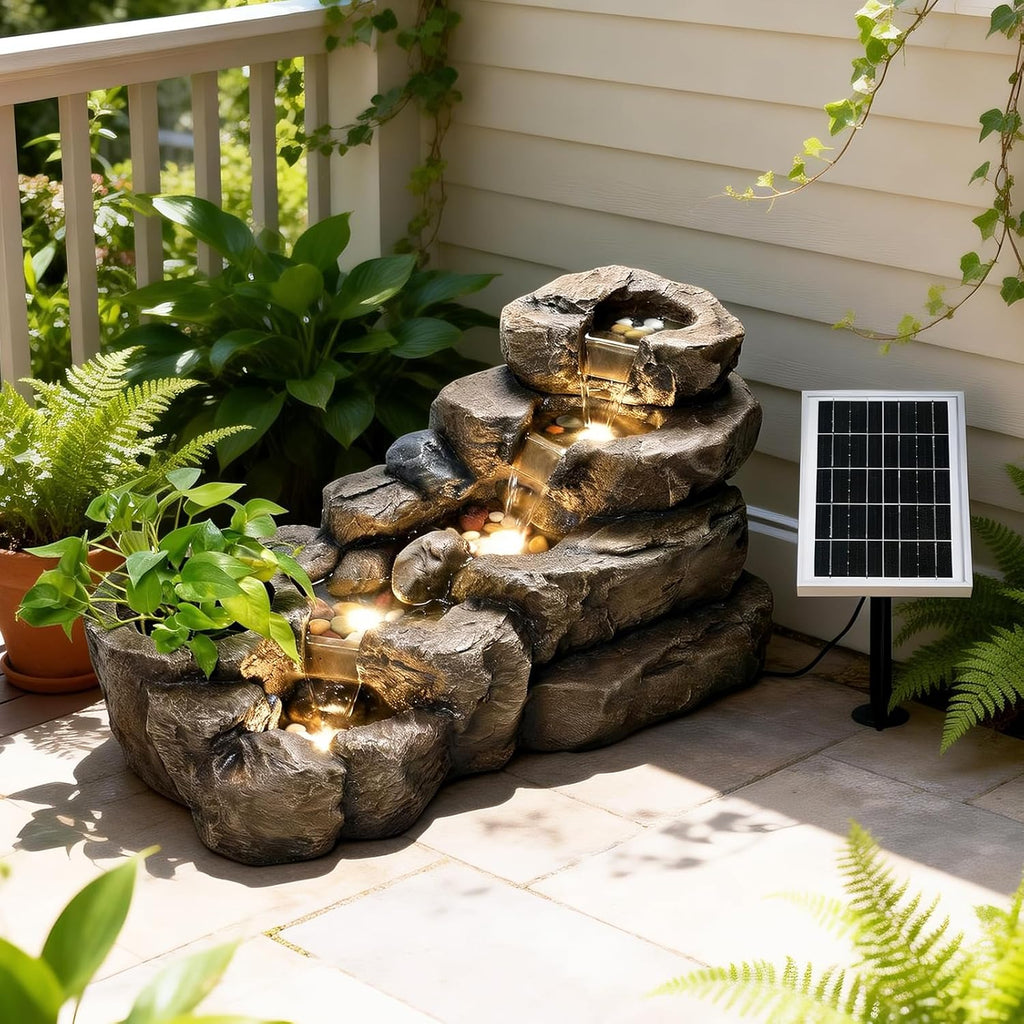 38.2" L Solar Water Fountain Outdoor Garden 5 Tiers Floor Standing Rock Natural Waterfall Outdoor Fountains with LED