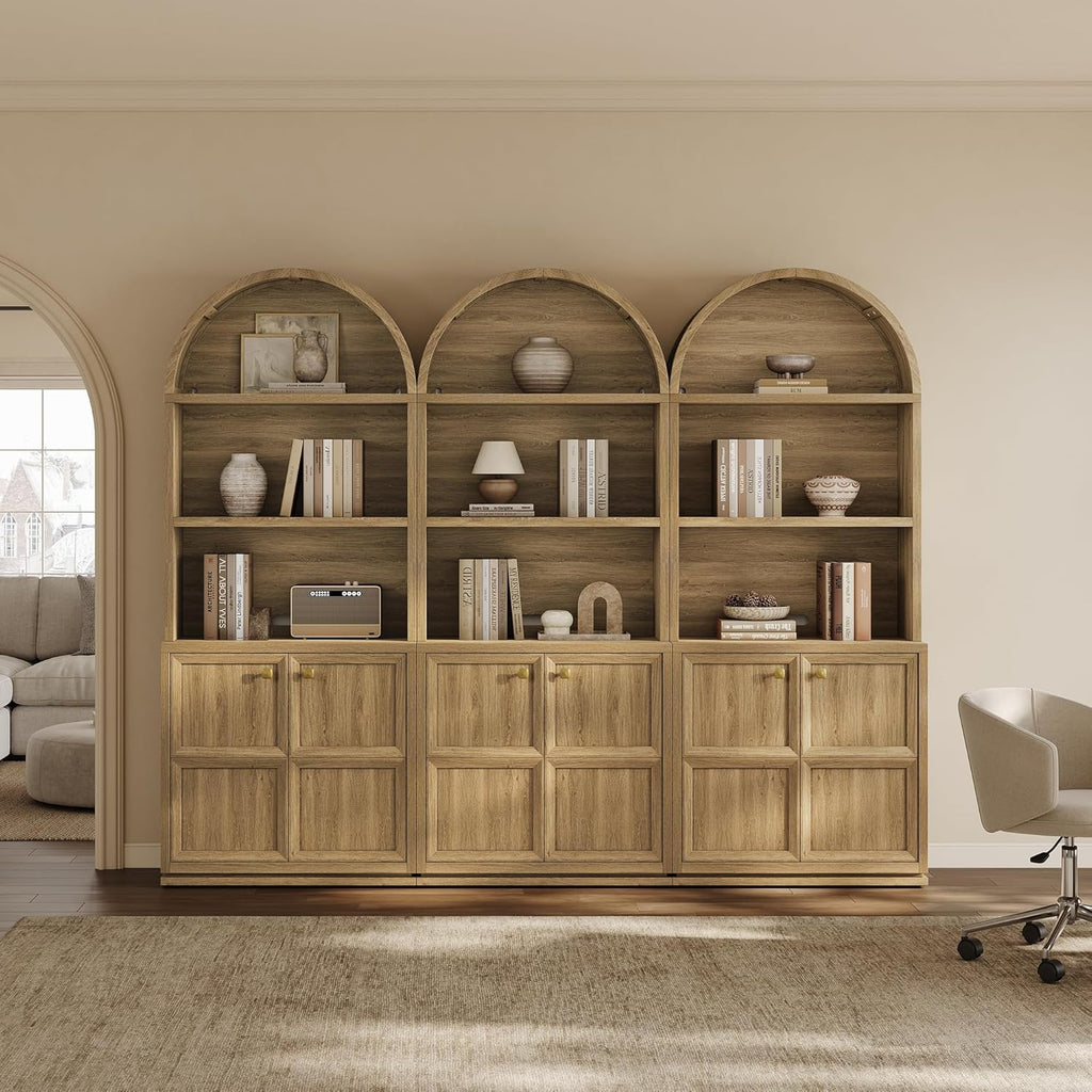 81" Tall Arched Bookcase with Doors, Large Bookshelves with Storage