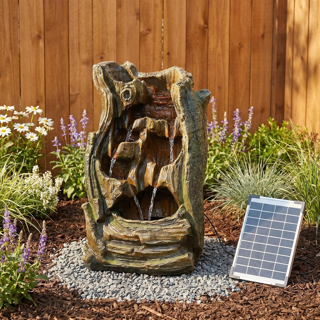 Solar Outdoor Water Fountain, 24.4" Tall Tree Stump Cascading Fountain with Solar Powered Pump