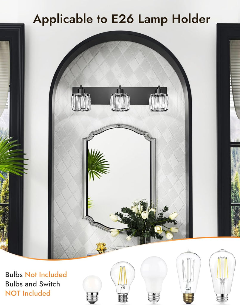 Crystal Vanity Lights s, 3 Light Bathroom Vanity Light, Modern Matte Black Bathroom Light Over Mirror, Black