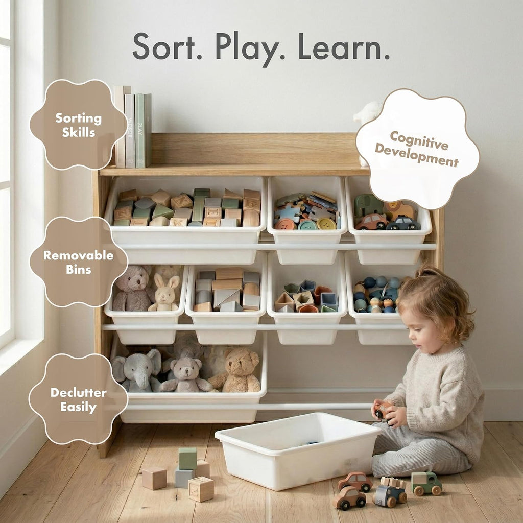 Kids Toy Organizer with Display Shelf, 9 Bins, 3 Tier Storage | Sturdy wood and steel toddler shelf, removable