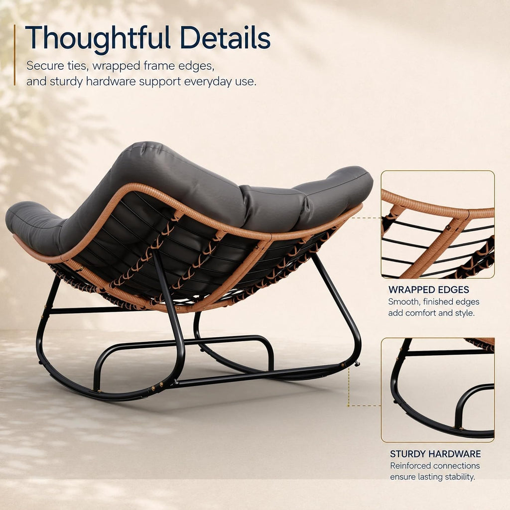 Papasan Rocking Chair Outdoor Oversized Rocker with 5" Cushion, 450 lbs Wicker Egg Recliner Chair Metal Patio Chair