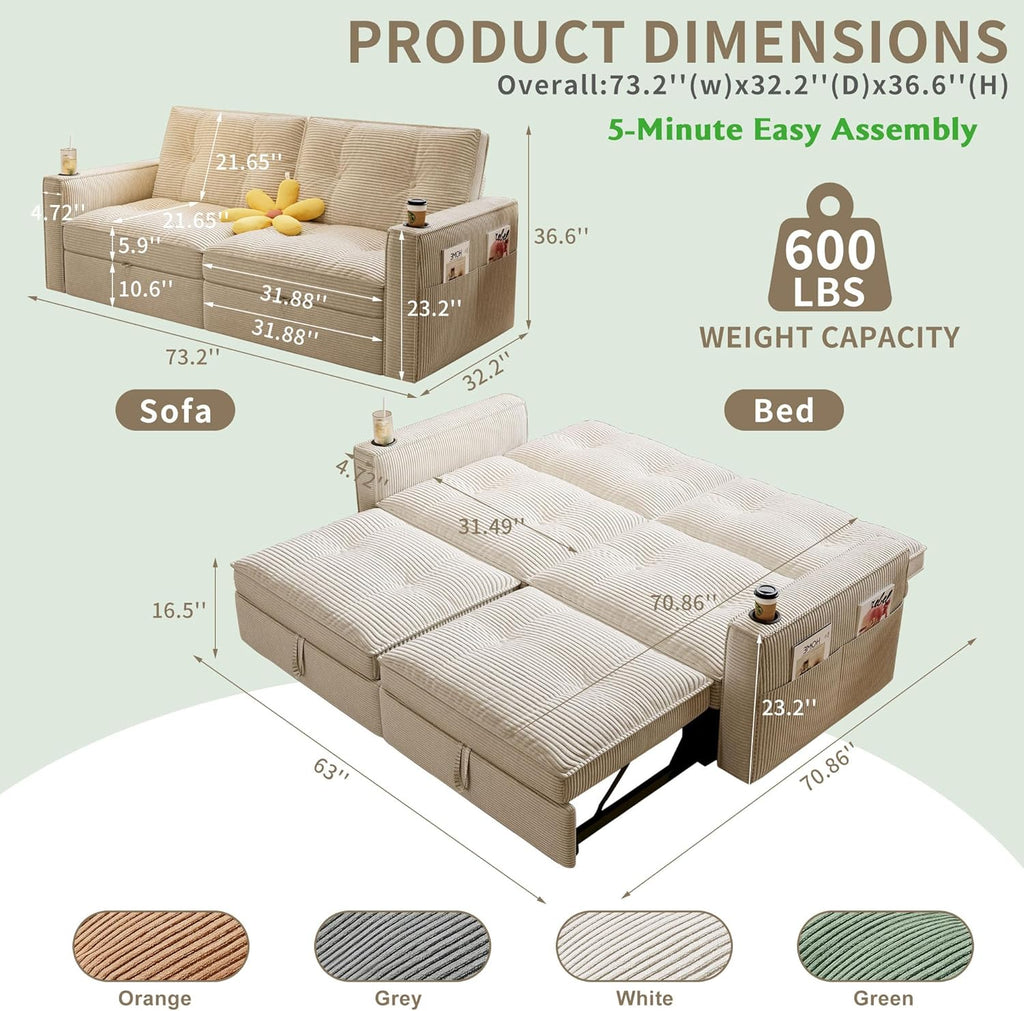 73.2'' Sleeper Sofa Full Size, Pre-Assembled Corduroy Futon, Beige | Convertible Pull Out Couch with Adjustable