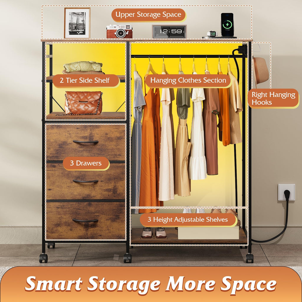 LED, 3 Drawers with Hanging Rack, Rustic Brown