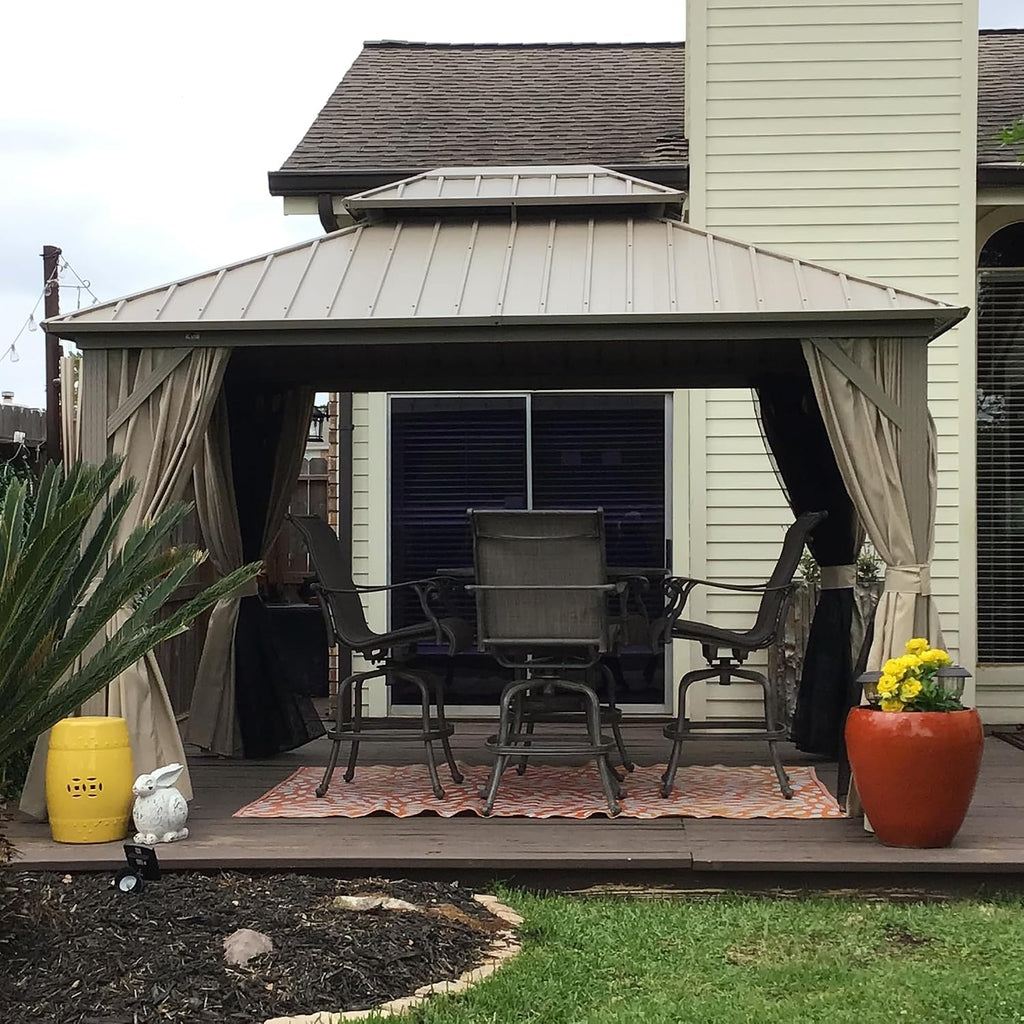 10' x 12' Outdoor Hardtop Gazebo, Champagne Aluminum Gazebo with Galvanized Steel Double Roof