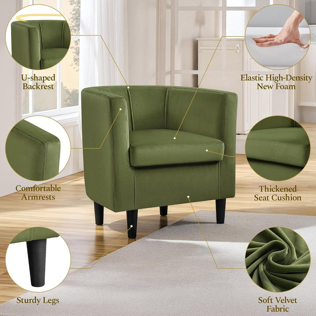 Velvet Accent Chair, Modern and Comfortable Armchairs, Upholstered Barrel Sofa Chair Bedroom Waiting Room, Olive