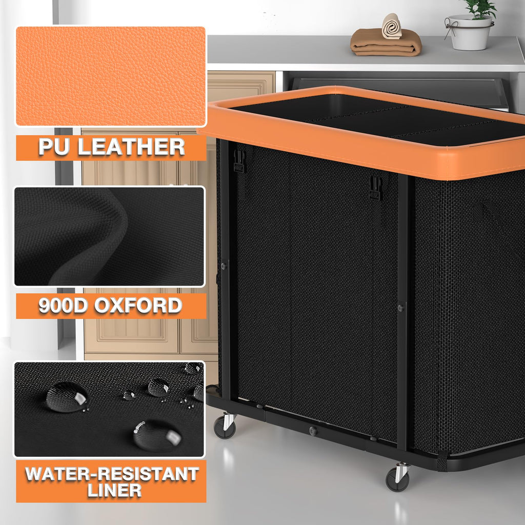 Basket with Wheels, 230L Leather Patchwork Laundry Sorter 3 Section