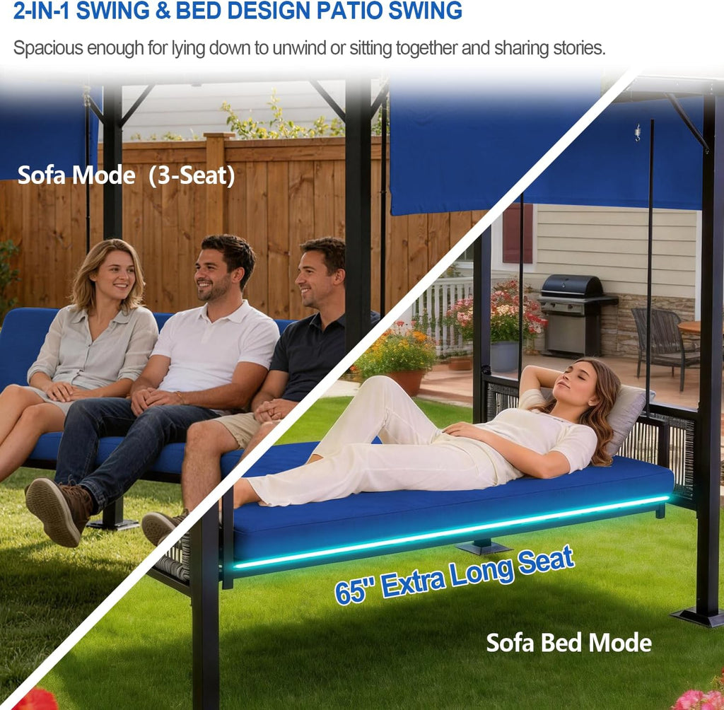 2 in 1 Porch Swing with Adjustable Canopy & LED Lights, 1,000 lb Heavy-Duty 3-Seat Swing Bed with Stand, 65-Inch