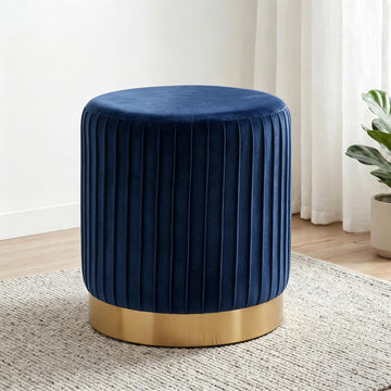 Round Velvet Ottoman, 16.5" H Footrest Stool with Gold Metal Base(Navy)