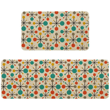 Mid Century Atomic Kitchen Rugs Sets of 2 Non Slip Washable, Fifties Retro Kitchen Mats Home Decor Modern Rug