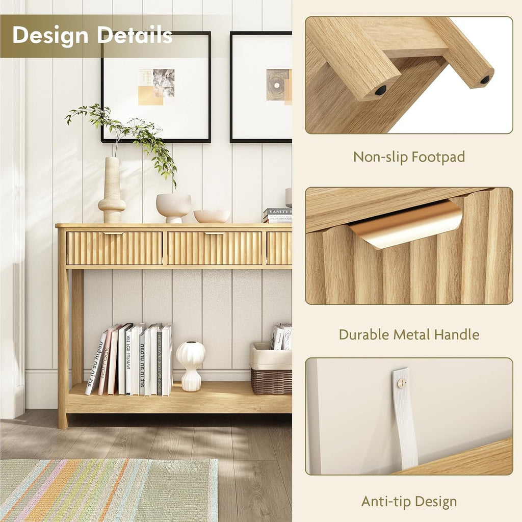 Fluted Console Table with Drawers, Modern 47.1" Entryway Table with Storage Shelf, Boho Narrow Skinny Behind Couch