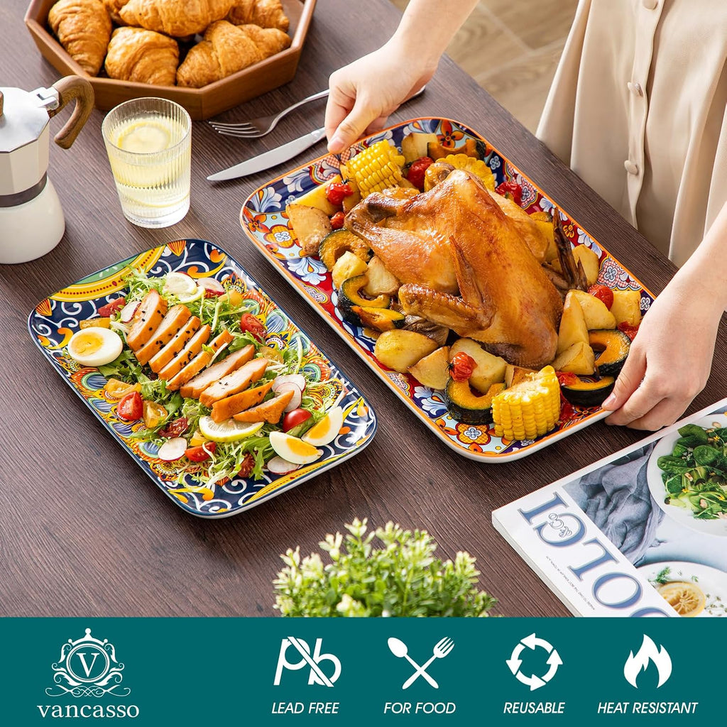 Serving Platters Set of 3, 16"/14"/12" In Rectangular Trays Boho | Ceramic Serving Dish for Entertaining Food