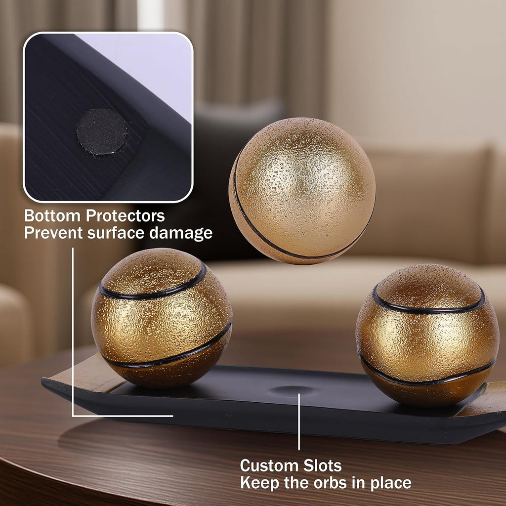 Decorative Tray with Balls Set, Black Gold Decor Orbs TV Stand, Coffee Table Centerpiece, Elegant Orbs Decorative