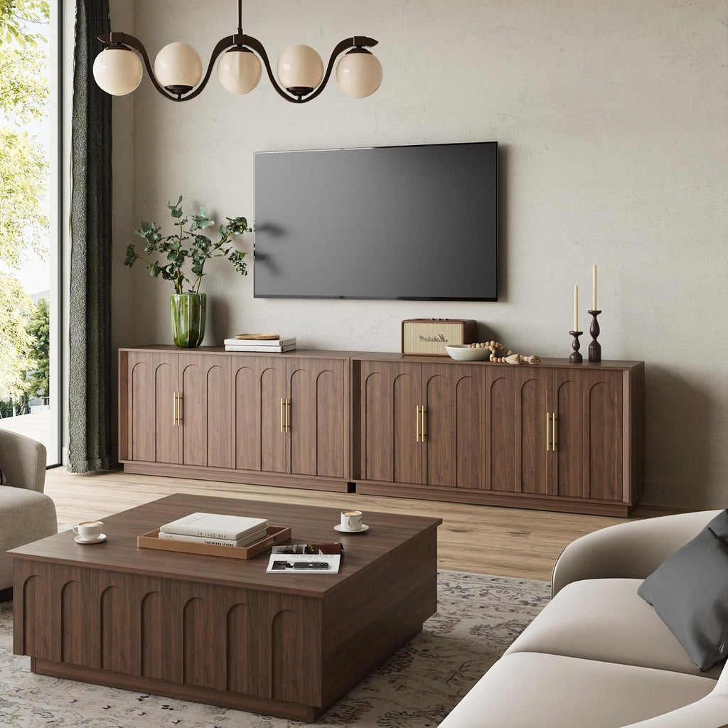 67" Sideboard Buffet Cabinet with Storage, Arched Doors, Walnut | Mid Century Modern Accent Cabinet with Wood Gain