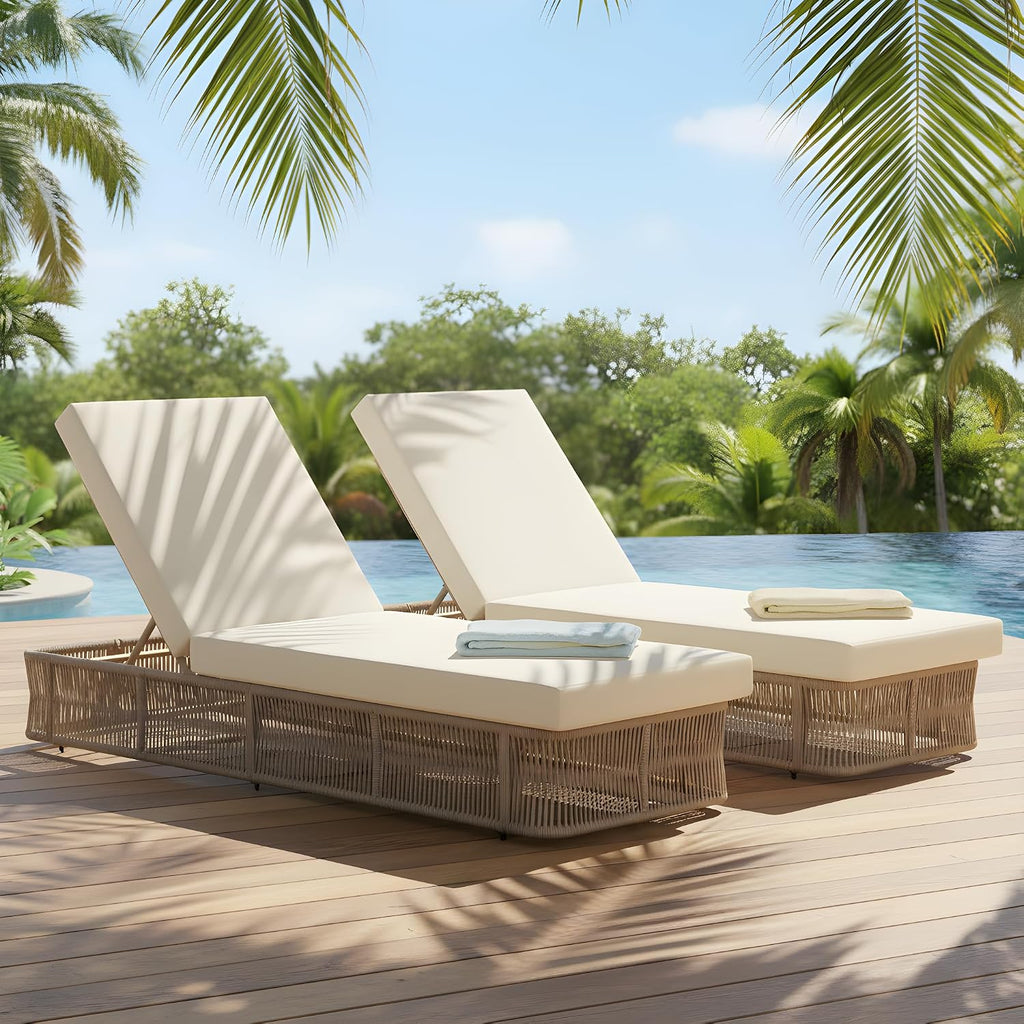 2-Pieces Outdoor Chaise Lounge Chair Set - Adjustable Woven Rope Sun Lounger with 5-Position Backrest (Frame Only)
